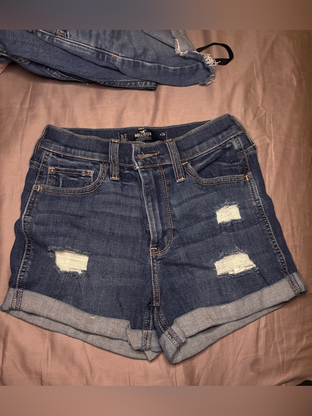 Hollister Women's Dark Blue Distressed Denim Shorts